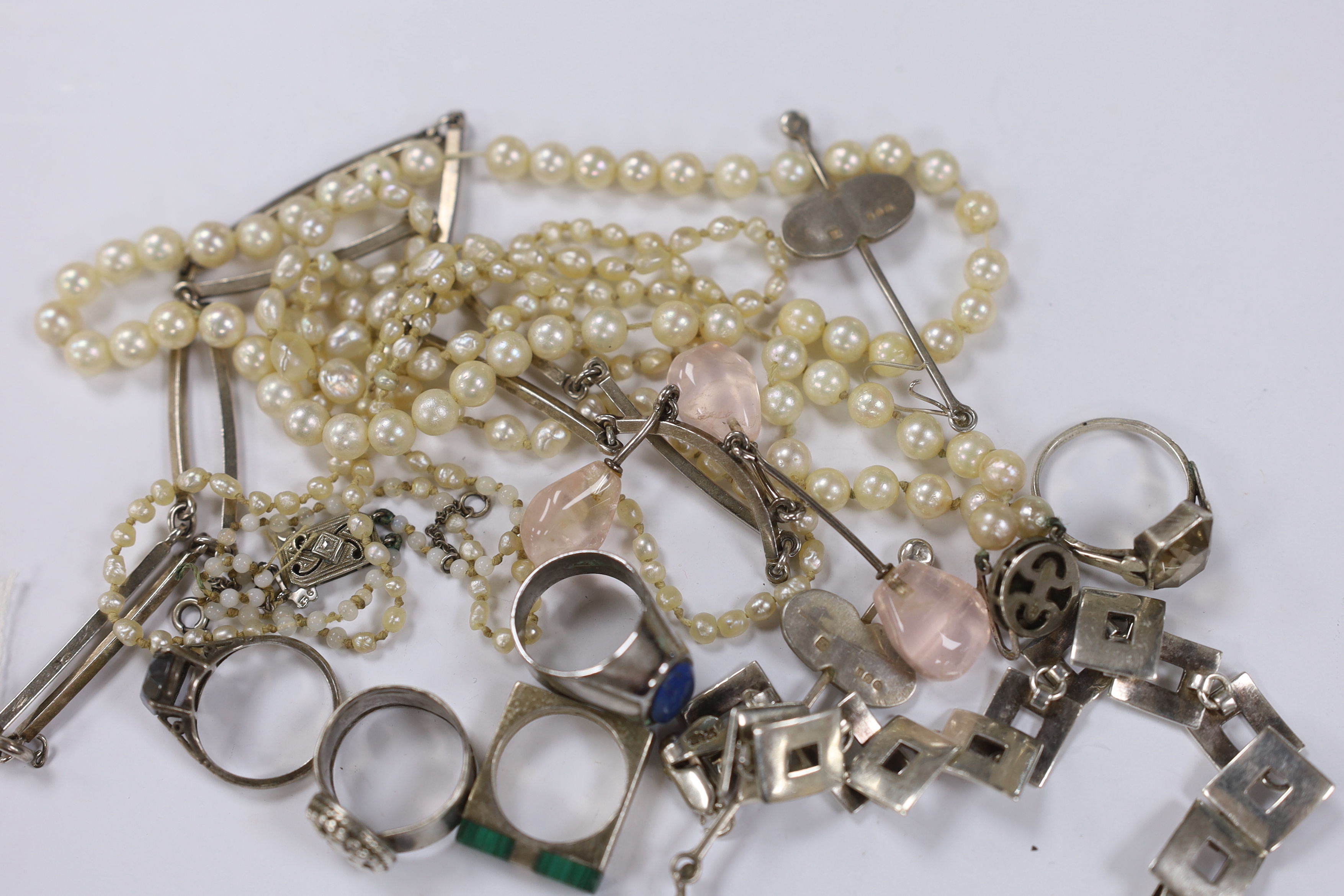 Two cultured pearl necklaces and a small group of assorted silver or 925 jewellery including a rose quartz set drop necklace.